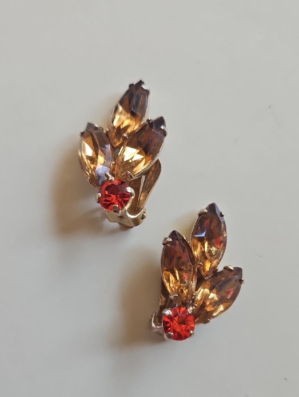 Albert Weiss Amber Topaz Marquise And Orange  Red Rhinestone Clip On Earrings